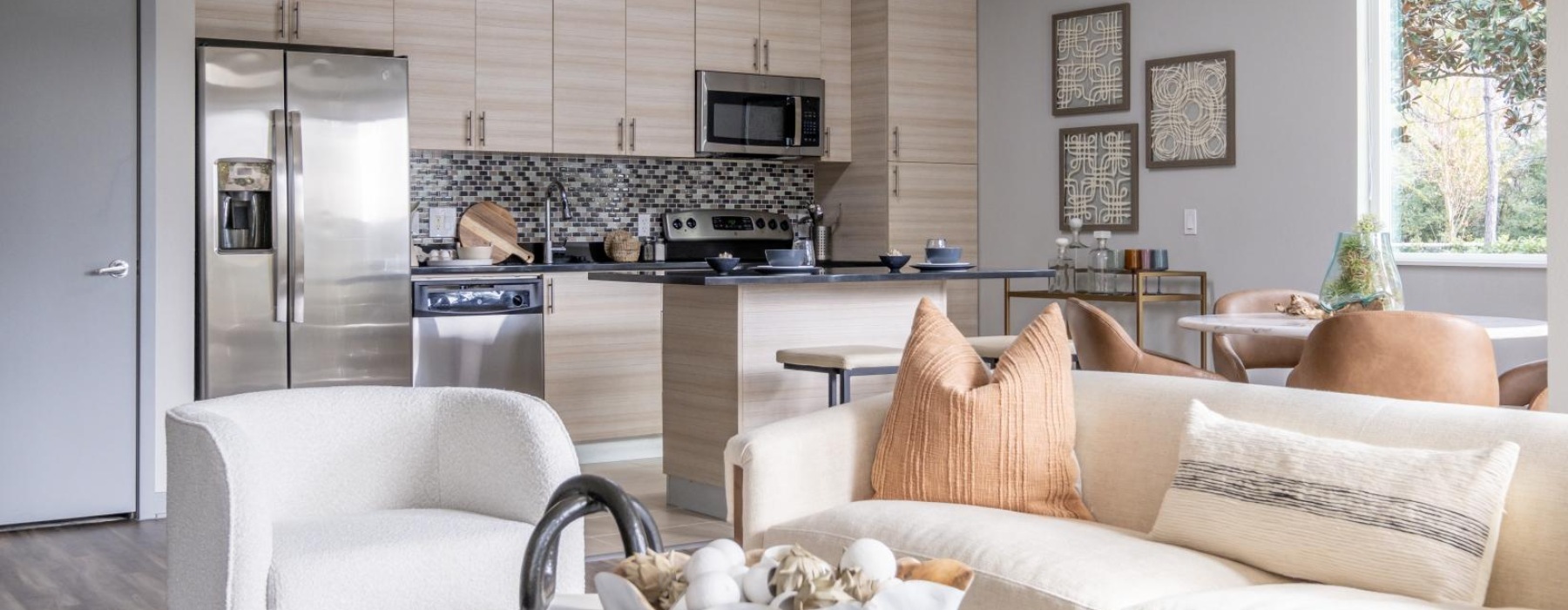 a living room with a couch and a table