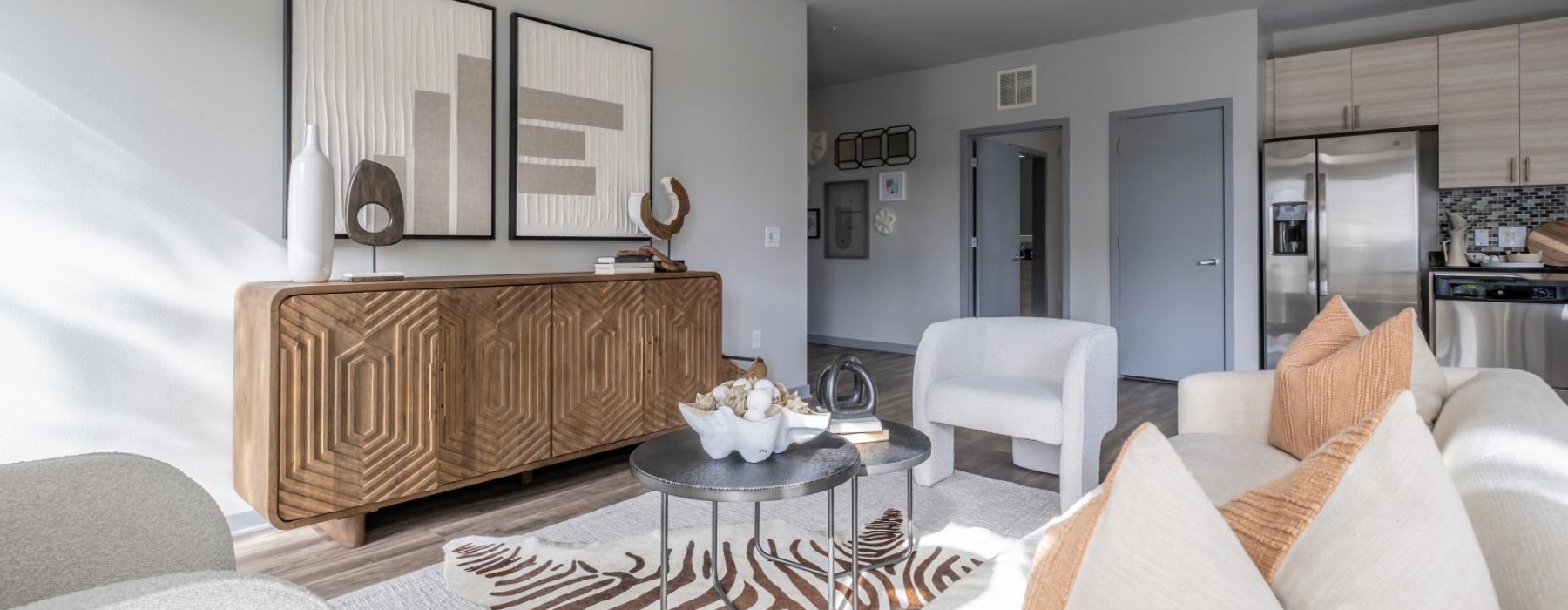 a living room with a couch and a table